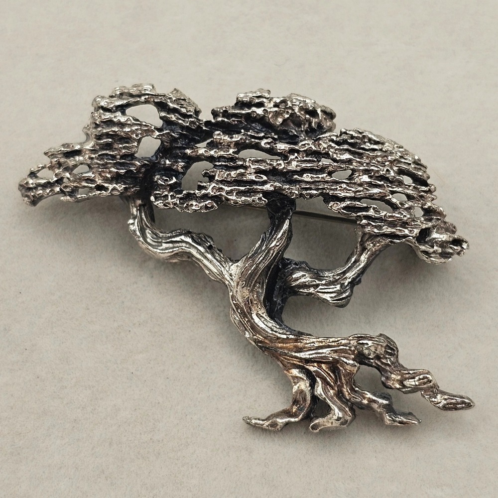 Tortolani Bonsai Tree Brooch Mixed Silver Tone Textured Trunk Nature 2" Pin